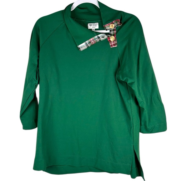 Holly Shae Tops - Holly Shae Emerald Green Plaid Trim Holiday Preppy 3/4 Sleeve Top Women Size S/M